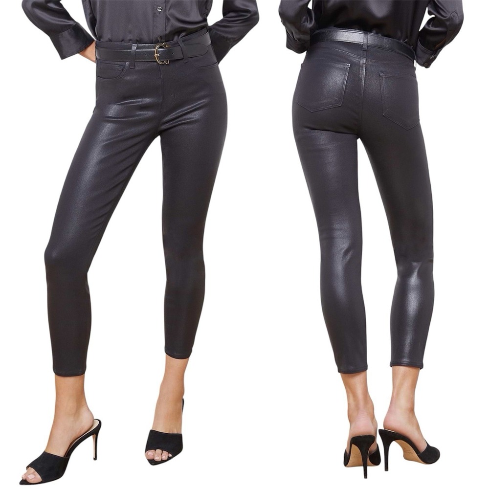 L'AGENCE black Margot Skinny High Rise Metro coated Jeans with raw hem. Sz 28